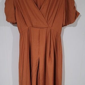 Cinnamon Colored Flowy Midi Dress Puff Sleeves, Fitted Waist, V-neck Size 10-12.